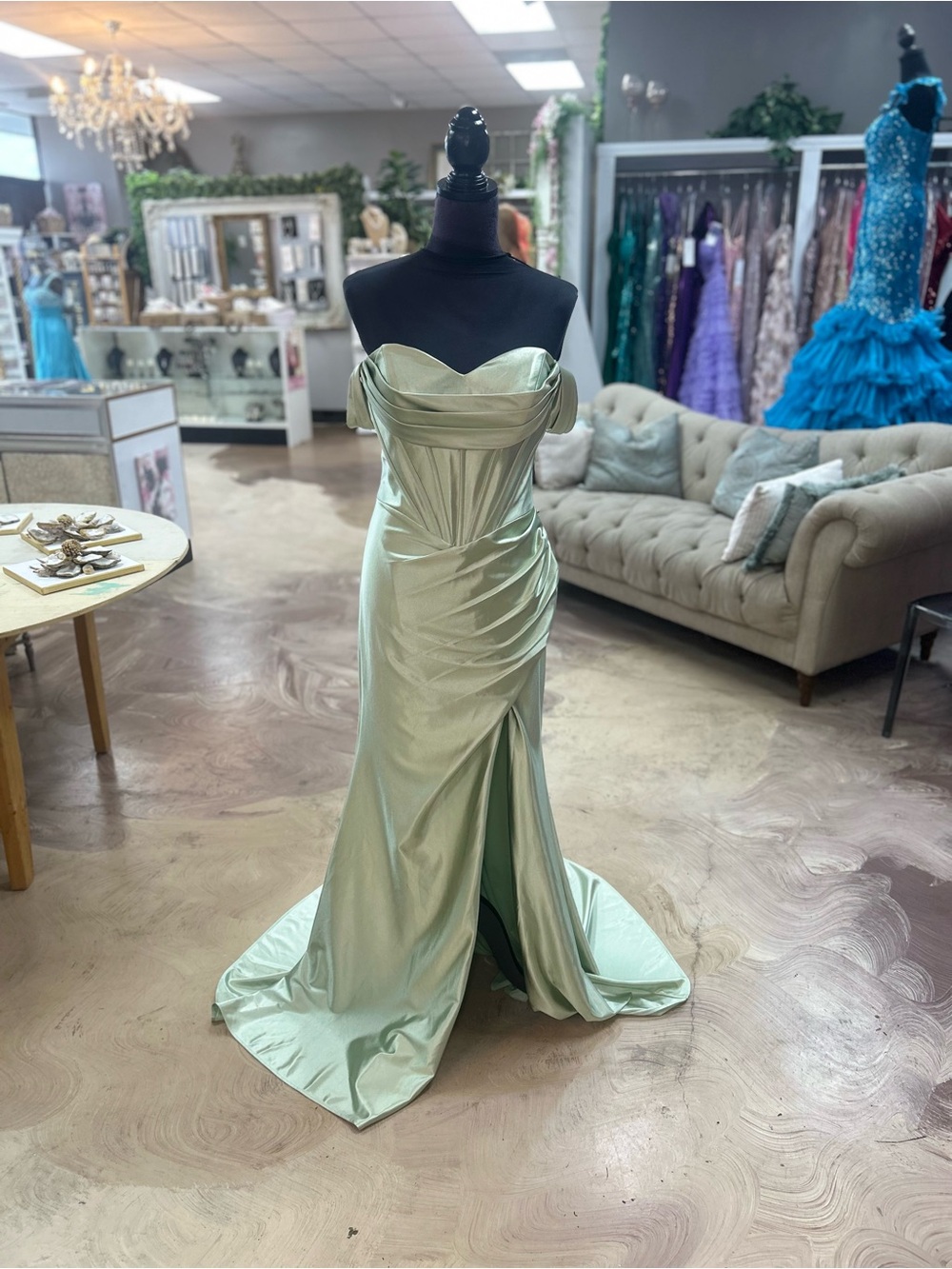 Aerie Couture Off-Shoulder Sage Green Satin Evening Gown